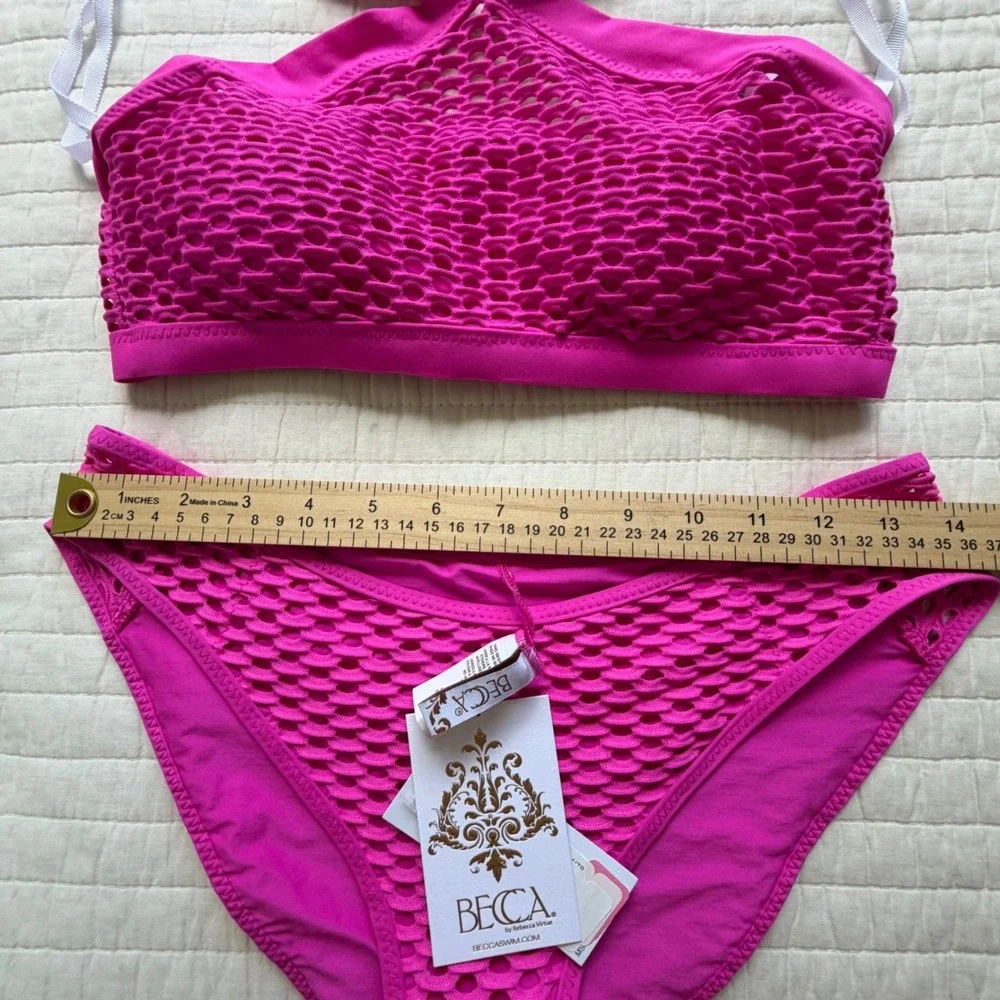 BECCA by Rebecca Virtue Fuchsia Pink Mesh Halter Bikini Set‎ Medium NWT